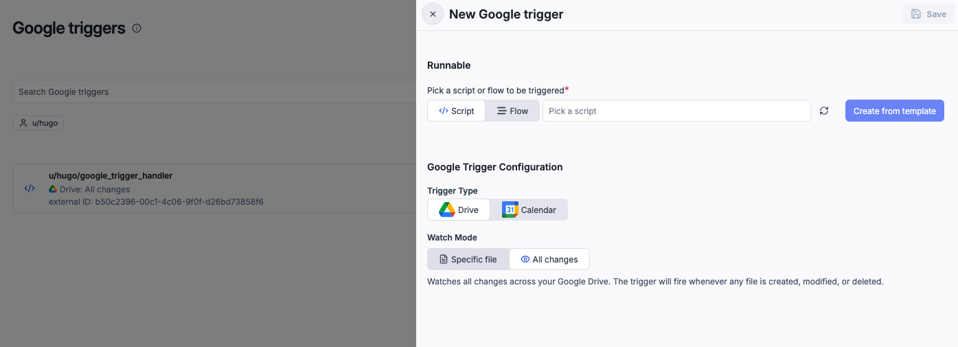 Google trigger creation with trigger type and watch mode selection Google trigger configuration
